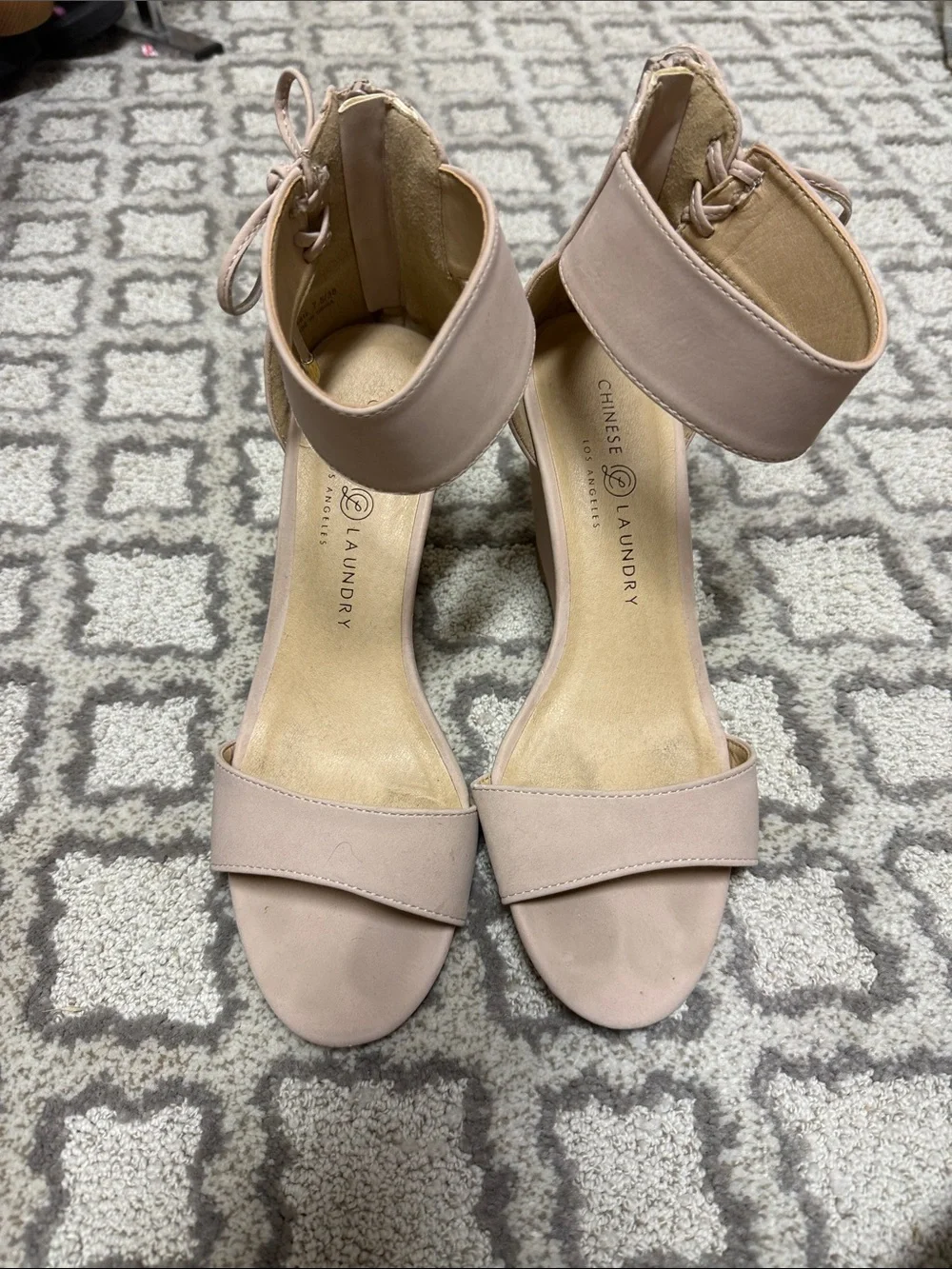 Chinese Laundry Nude Blush Wedge Sandals with Ankle Tie